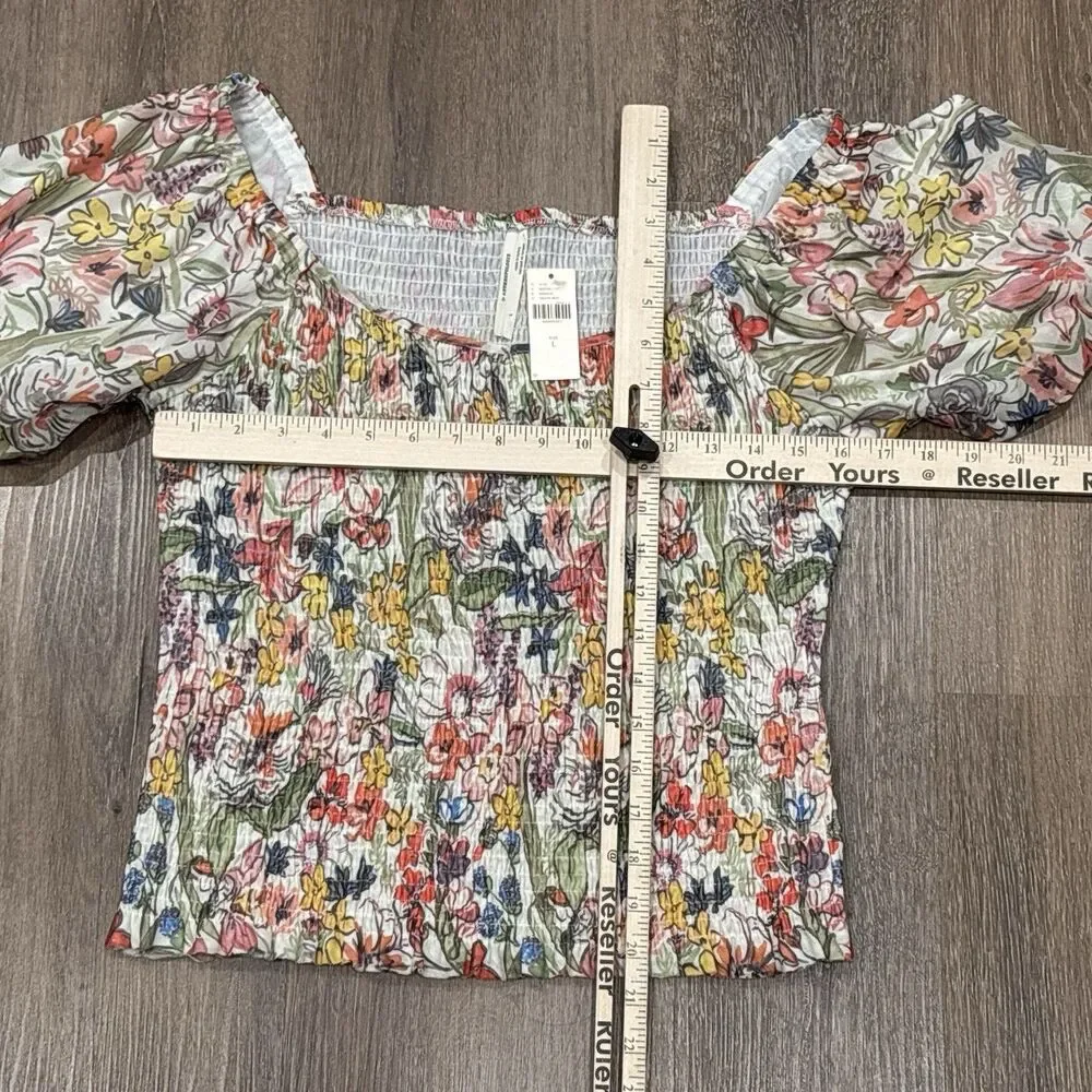 Anthropologie Floral Smocked Mesh Puff Sleeve Blouse L NWT